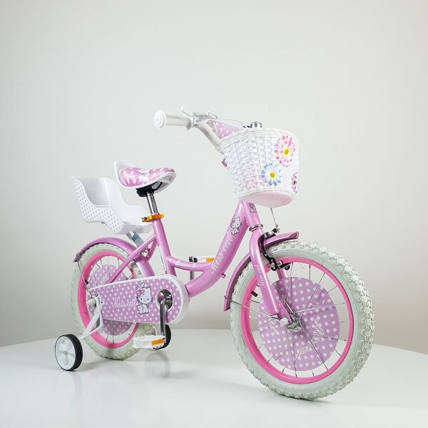 Dečiji bicikl Miss Cat svetlo roze boje sa dva točka sa pumpajućim gumama i dva pomoćna točka, prikazana iz profila