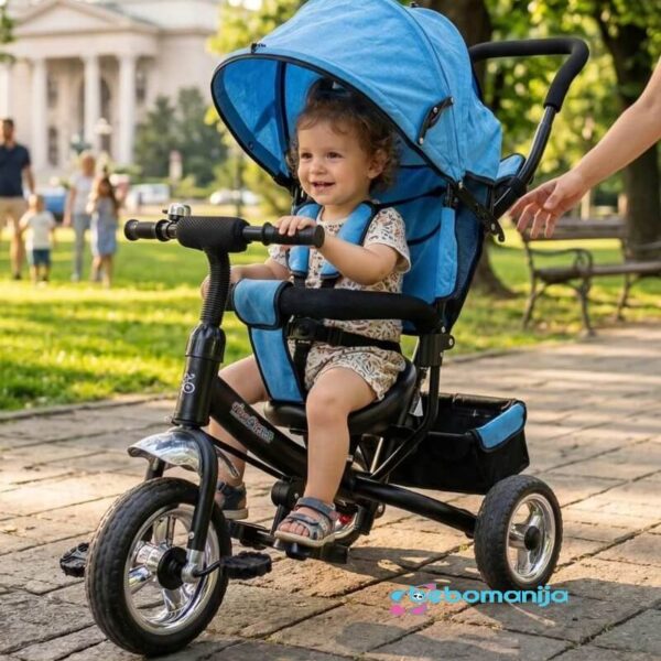 Tricikl za decu 411 plavi sa detetom u triciklu