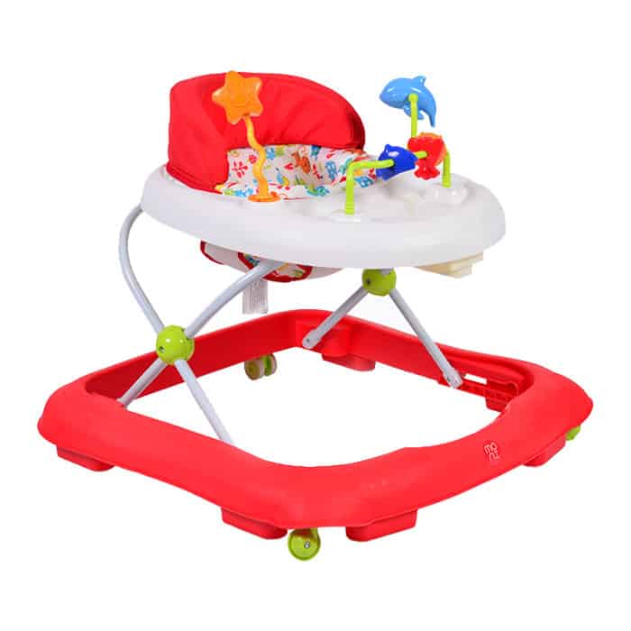 šetalica za bebe crvena sa belom tablom za igračke i stoperima za vrata sa mogućnošću podešavanja dupka po visini