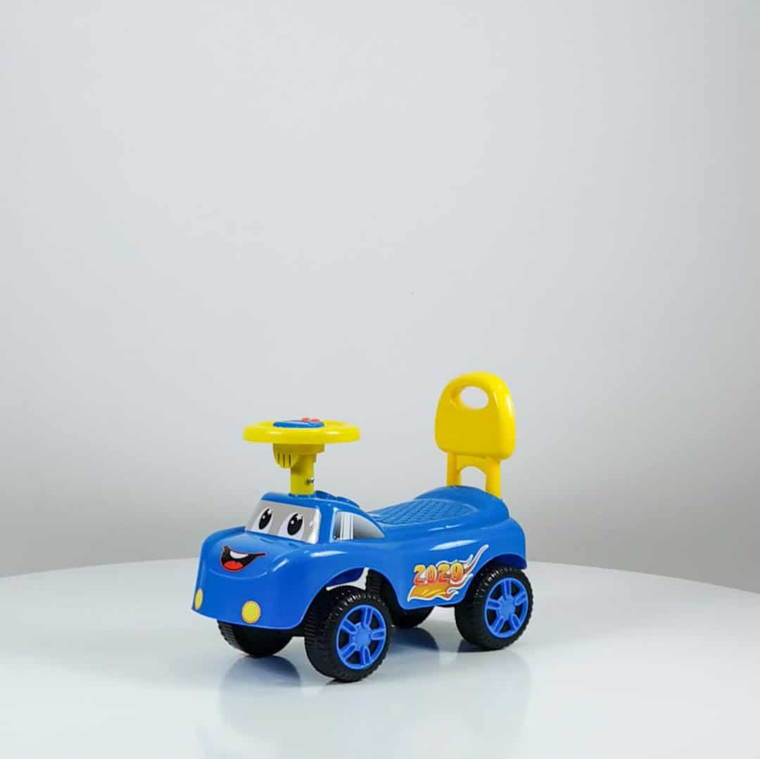 auto guralica za decu plava sa žutim volanom i žutim naslonom