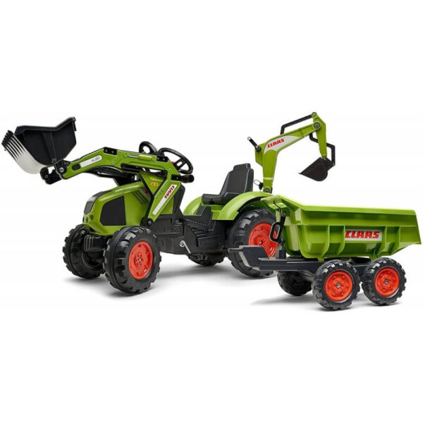 Traktor Claas na pedale 2070w sa kašikom i rovokopačem i prikolicom pored traktora