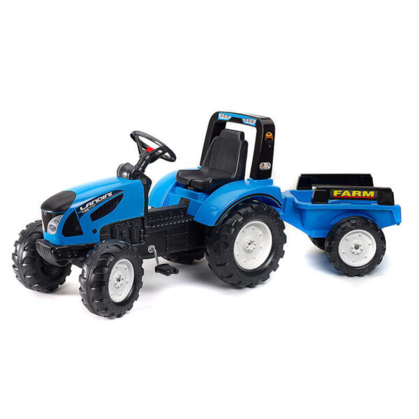 Traktor na pedale Landini Falk 3010ab plavi sa prikolicom na beloj pozadini