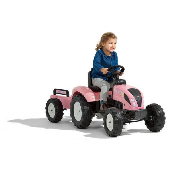 Traktor za devojčice sa prikolicom 1058AB rozi na beloj pozadini sa devojčicom