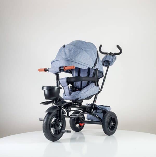 tricikl za bebe 420-1 sivi sa crnim ramom i ručkom za roditelje