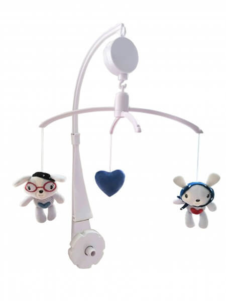 Vrteška za krevetac Love Rome sa plavobelim igračkicama koje vise sa mehanizmom na navijanje