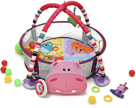 Podloga za gimnastiku za bebe Hippo sa glavom nilskog konja, 30 loptica, mrežnim obručom i dva luka sa kojeg vise igračke