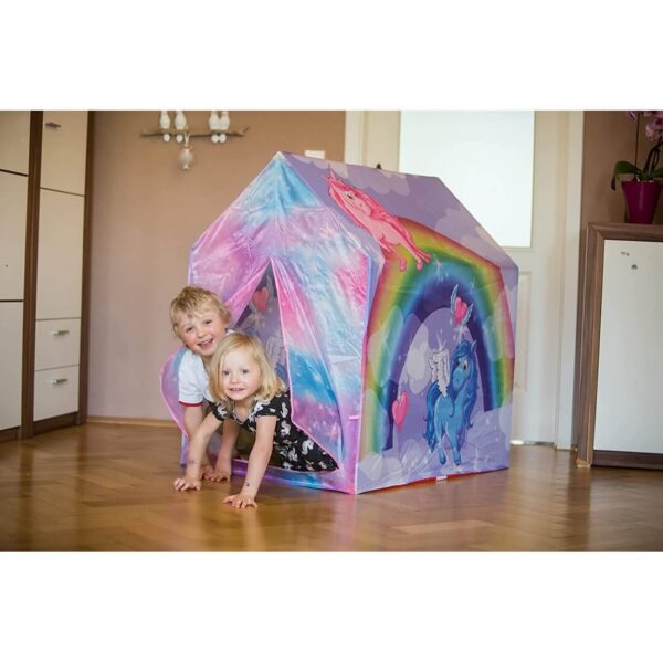 Šator za decu Unicorn Knorr 55720 sa ilustracijom jednoroga na šatoru i dva deteta u njemu