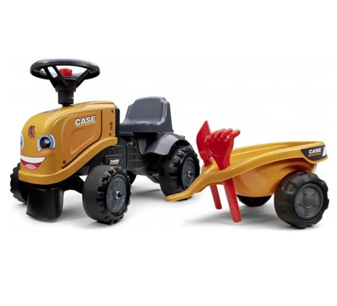 Traktor guralica za decu Case 297c narandžaste boje sa prikolicom i crvenom lopaticom i crvenom grabuljicom
