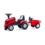 Traktor guralica za decu 220c sa prikolicom crvene boje i crnom lopaticom i grabuljicom