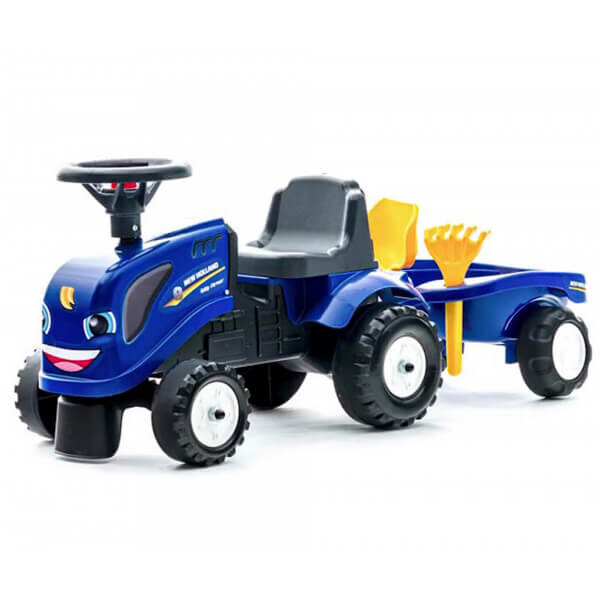 Traktor guralica za decu 280c plave boje sa prikolicom plave boje i žutom lopaticom i grabuljicom