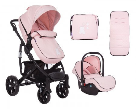 Kolica za bebe 3 u 1 Beloved roze boje sa prikazom kombinovanih kolica i auto sedišta sa torbom za mame i podlogom za presvlačenje