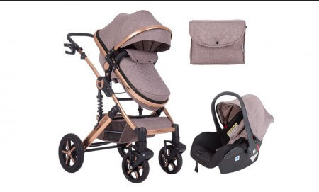 Kolica za bebe 3u1 Darling bež boje sa prikazanim kombinovanim kolicima sa navlakom za noge, auto sedištem i torbom za noge