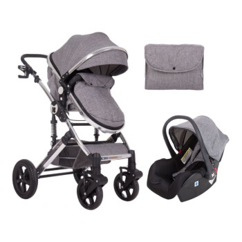 Kolica za bebe 3 u 1 Darling tamno sive boje sa prikazanim kombinovanim kolicima, auto sedištem i torbom za mame