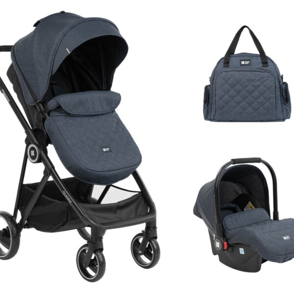 Kolica za bebe 3 u 1 Gianni džins boje sa prikazom kombinovanih kolica, auto sedišta i torbe za mamu
