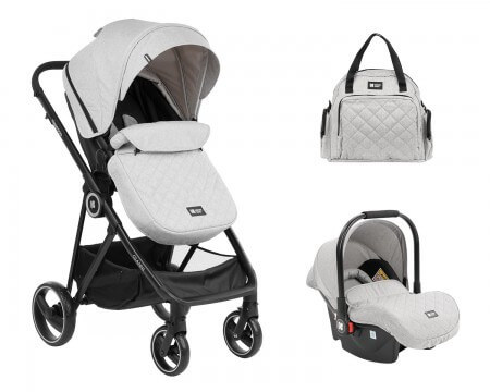 Kolica 3 u 1 Gianni za decu sive boje sa prikazom kombinovanih kolica, auto sedišta i torbe za mame