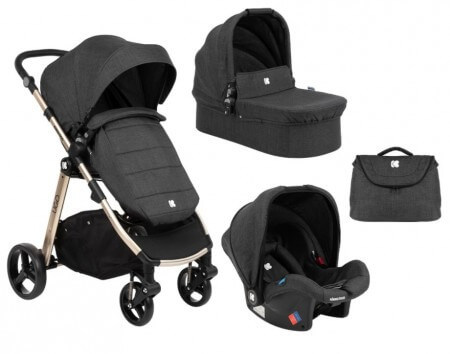 Kolica 3 u 1 Ugo crne boje sa prikazom kolica sa navlakom za noge, korpe sa navlakom za noge, auto sedišta i torbe za mame