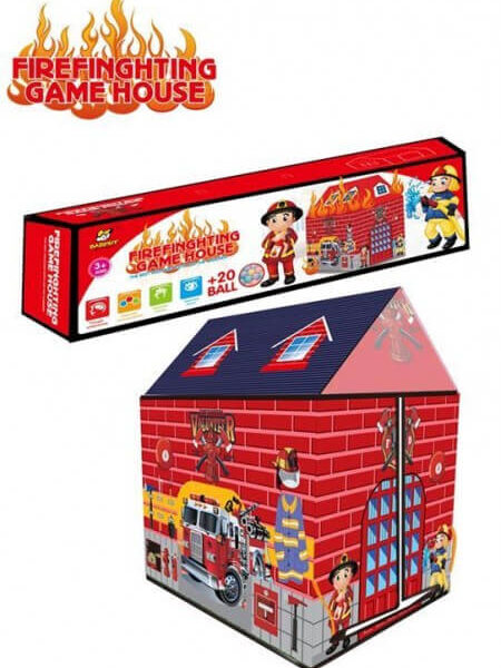 kućica za decu sa lopticama vatrogasac crvena sa plavim krovom