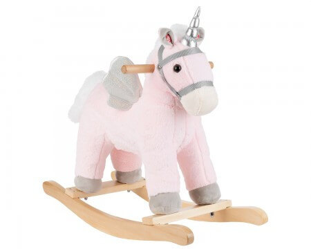 Konjic njihalica za decu sa likom jednoroga nežno roze boje sa drvenom konstrukcijom i telom životinje od mekanog poliestera