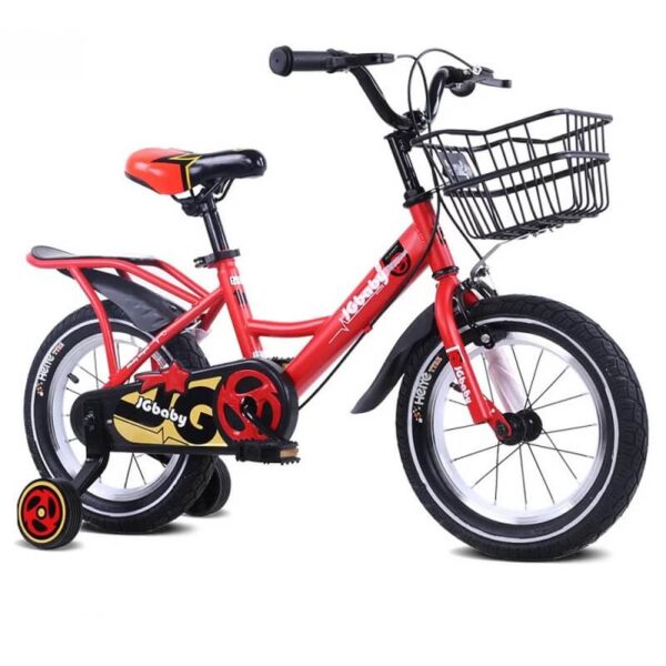 Bicikl za decu 16 inča crveni sa korpom i pomoćnim točkovima prikazan iz profila