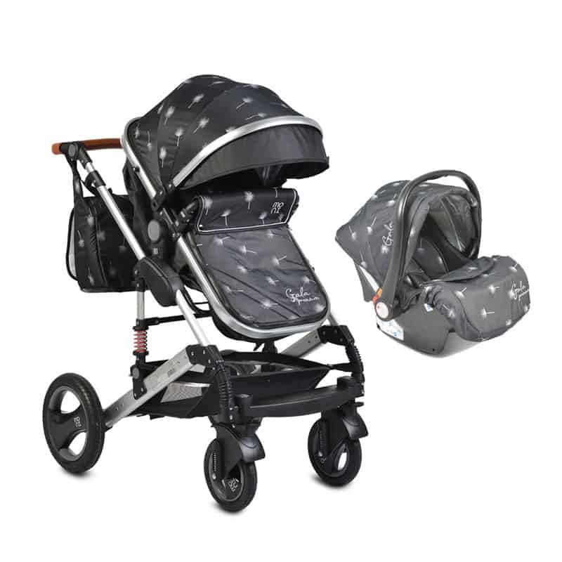 kolica za bebe 3u1 siva sa auto sedištem, torbom i nosiljkom prikazana iz profila