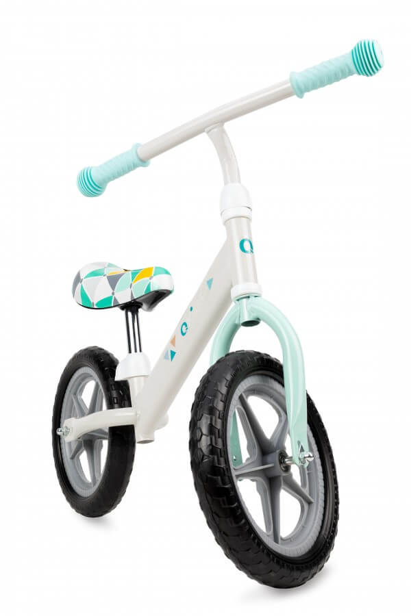 Bicikli bez pedala Fleet za decu sivo-mint boje na dva točka metalnog rama, prikazan s preda