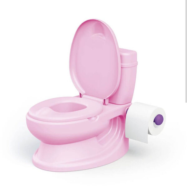 Edukativna noša 072528 za devojčice roze boje dizajna prave wc šolje, prikazana sa podignutim poklopcem