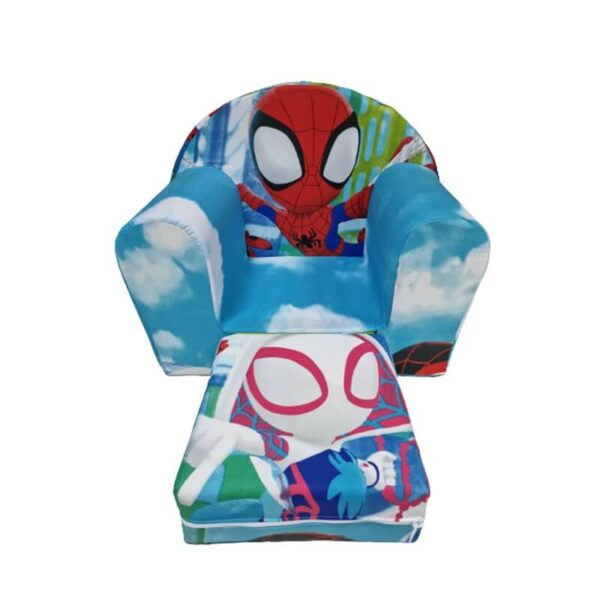 Dečija fotelja na razvlačenje Bambi Spiderman plava prikazana kako izgleda kada se razvuče