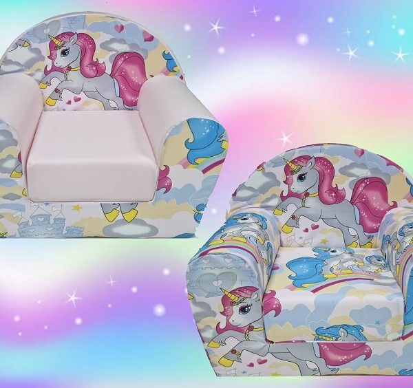 fotelje za decu unicorn sive sa roze detaljima prikazane sa prednje strane