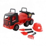 Kamion guralica 057082 za decu sa prikolicom za kipovanje, šlemom, dve lopate i grabuljom