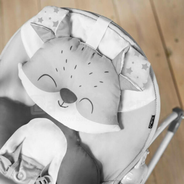 Ležaljka za bebe Luis sive boje za bebe do 9kg sa podesivim naslonom i muzikom i vibracijama sa krupnim prikazom motiva lije na jastučiću