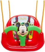 Ljuljaška za decu Mickey Mouse crveno-zelene boje sa pojasom za vezivanje i užetom za montažu, prikazana spreda