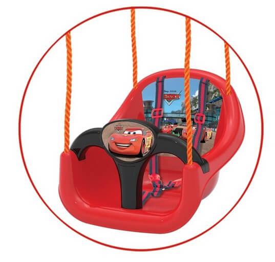Ljuljaška za decu Cars crvene boje sa sigurnosnim obručem, pojasom za vezivanje i kanapima za montažu