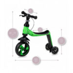 Trotinet 2u1 Elios za decu crno-zelene boje sa ručnom kočnicom na upravljaču i traqnsformacijom iz bicikla na guranje u trorinet, prikazan kao bicikl na guranje sa dimenzijama