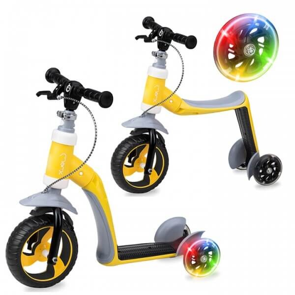 Trotinet za bebe Elios crno-žute boje sa ručnom kočnicom na upravljaču i funkcijom pretvaranja iz bicikla na guranje u trotinet