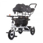 Tricikl za blizance 2Play za dva deteta crne boje sa dve tende, dva sigurnosna obruča, dva držača za noge i ručicom za guranje