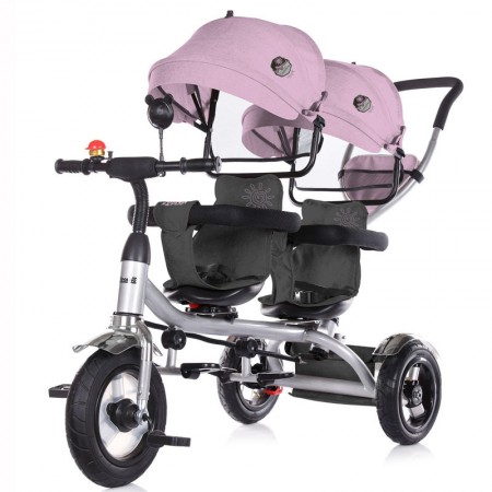 Tricikl za blizance Chipolino lila boje sa dve tende, ručkom za guranje, dva naslona, dva sigurnosna obruča i dva para postolja za noge