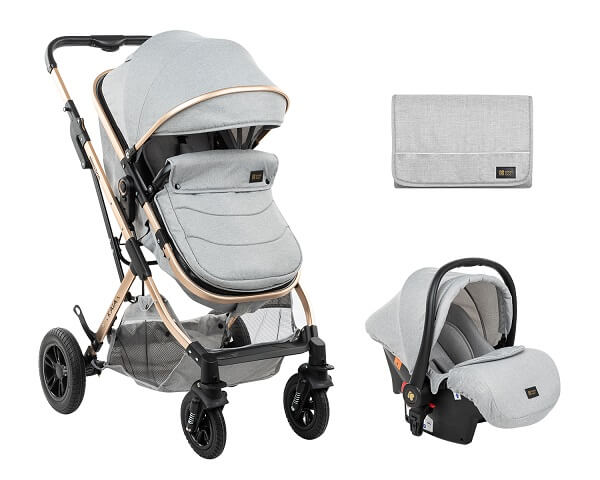 Kolica 3u1 Kaia za bebe svetlo sive boje sa sportskim sedištem koje se pretvara u korpu-nosiljku, auto sedištem i torbom za mame