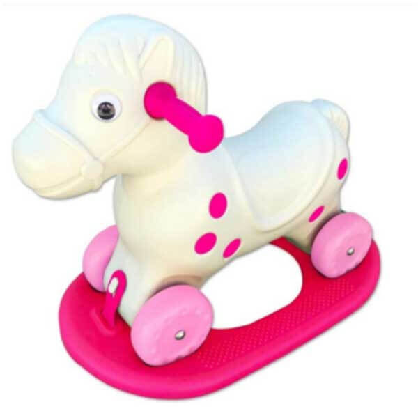 Konjić za decu 394502 belo-roze boje sa postoljem za klackanje i točkićima