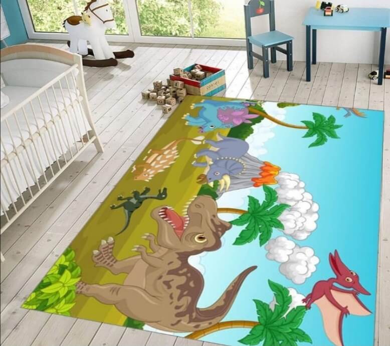 tepih-za-decu-dinosaurusi-i-vulkan-ii-slika-1 Dečiji tepih Dinosaurusi i vulkan IIod pliša, sa kožnom osnovom, prikazan na podu dečije sobe