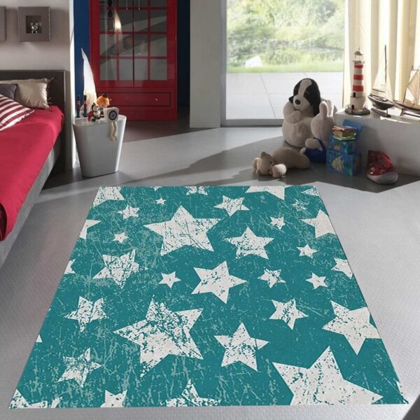 Dečiji tepih Bele zvezdice tirkiz boje, prikazan na podu dečije sobe