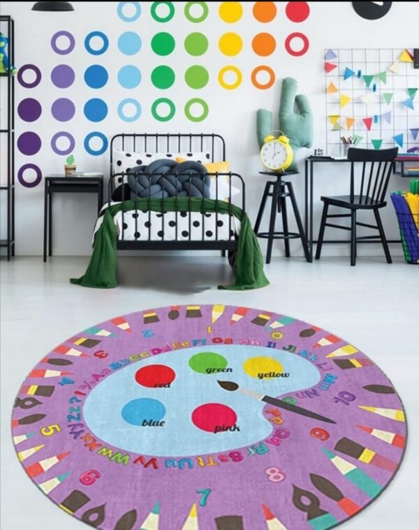 Okrugli tepih za decu 120x120cm sa gumenom podlogom - Idemo u školu, ljubičasti, TG-096 - Slika 2