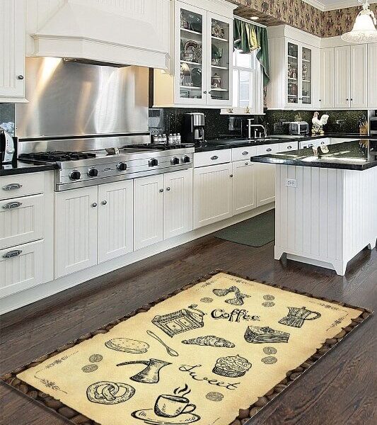 Tepih za kuhinju Coffee rustic prikazan na podu kuhinje