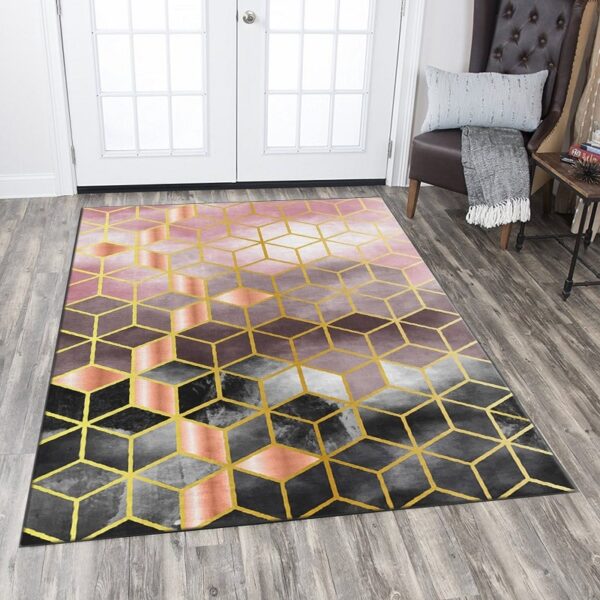 Tepih 3D kocke crno-roze od najfinijeg pliša prikazan na podu dnevne sobe
