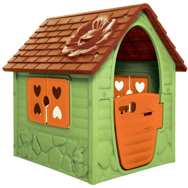 Kućica za decu Dohany zelena sa braon krovom, vratima i prozorima narandžaste boje