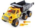 Kamion za decu 630 žute boje sa kip prikolicom, lopatom i grabuljom