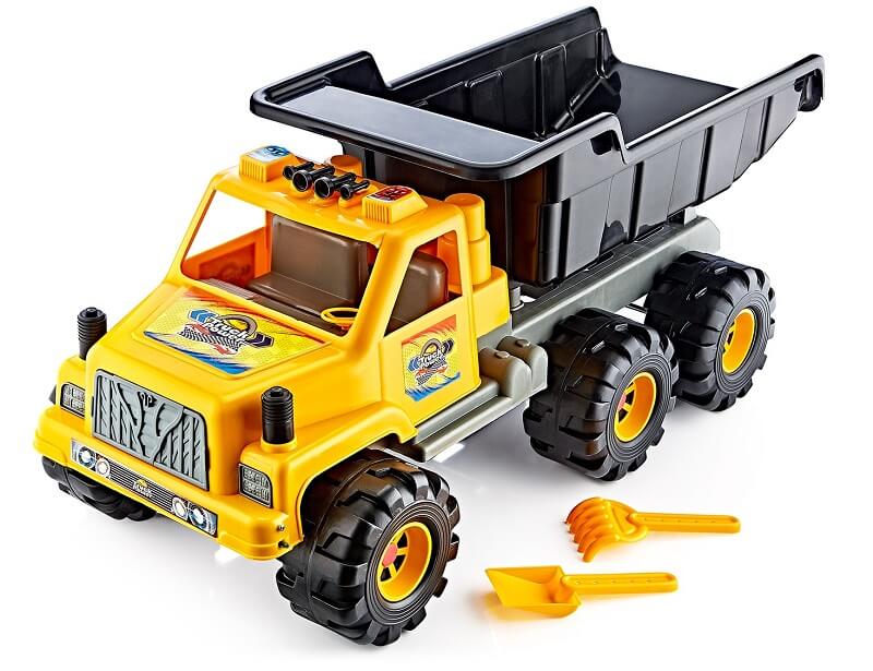 dečiji-kamion-630-1 Kamion za decu 630 žute boje sa kip prikolicom, lopatom i grabuljom