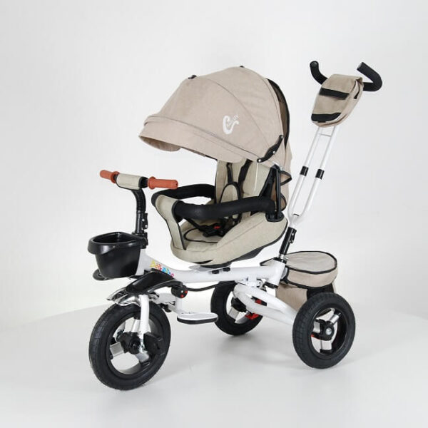 Tricikl za bebe Comfort bež boje, prikazan iz profila