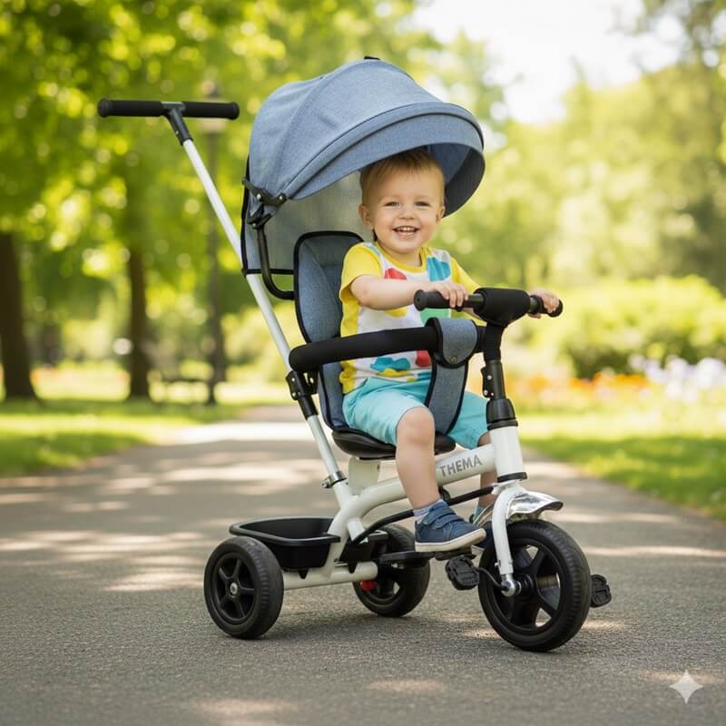 Tricikl guralica TS-65 sivi sa dečakom u triciklu kako ga vozi
