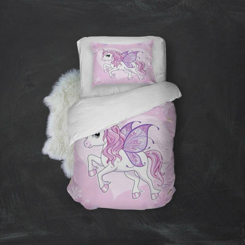 Posteljina za devojčice Unicorn sa dezenom jednoroga na roze tkanini posteljine