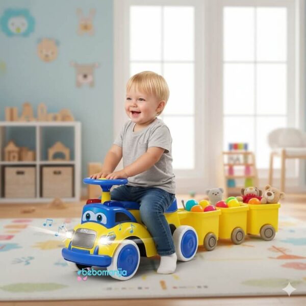 Dečija guralica sa tri prikolice 473 i dete koje je vozi